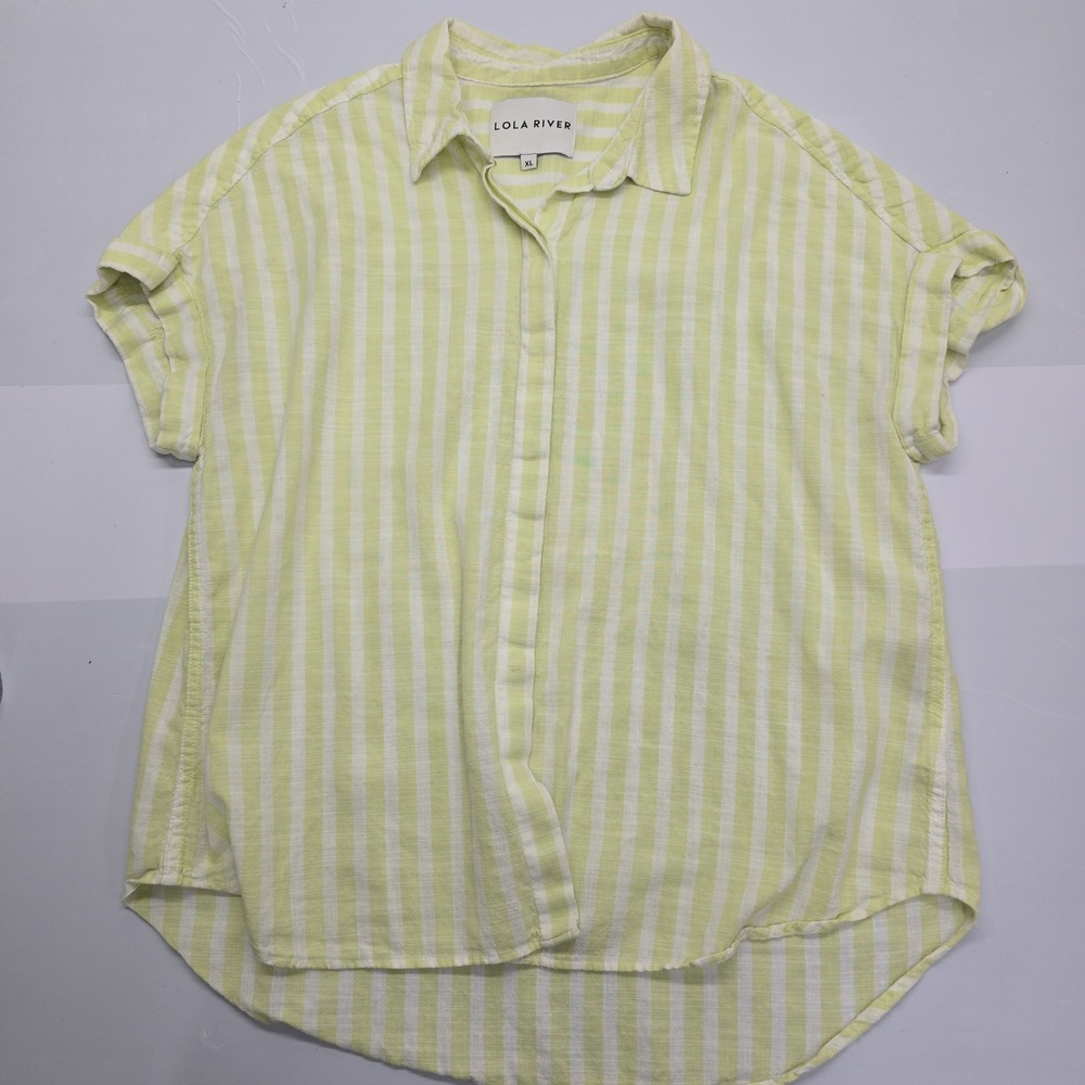 Lola River Womens XL Light Green White Striped Short Sleeve Button Down‎ Shirt
